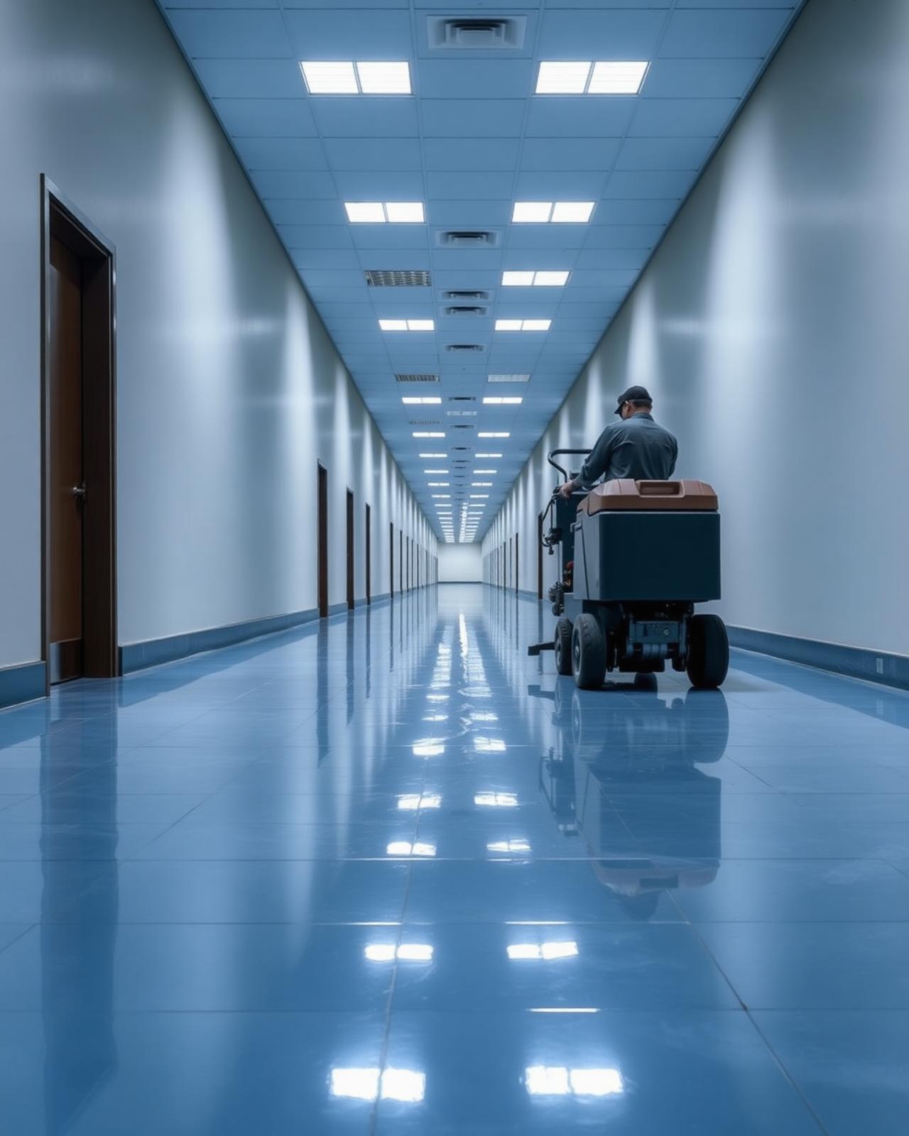 Floor buffer polishing a long glossy tiled corridor