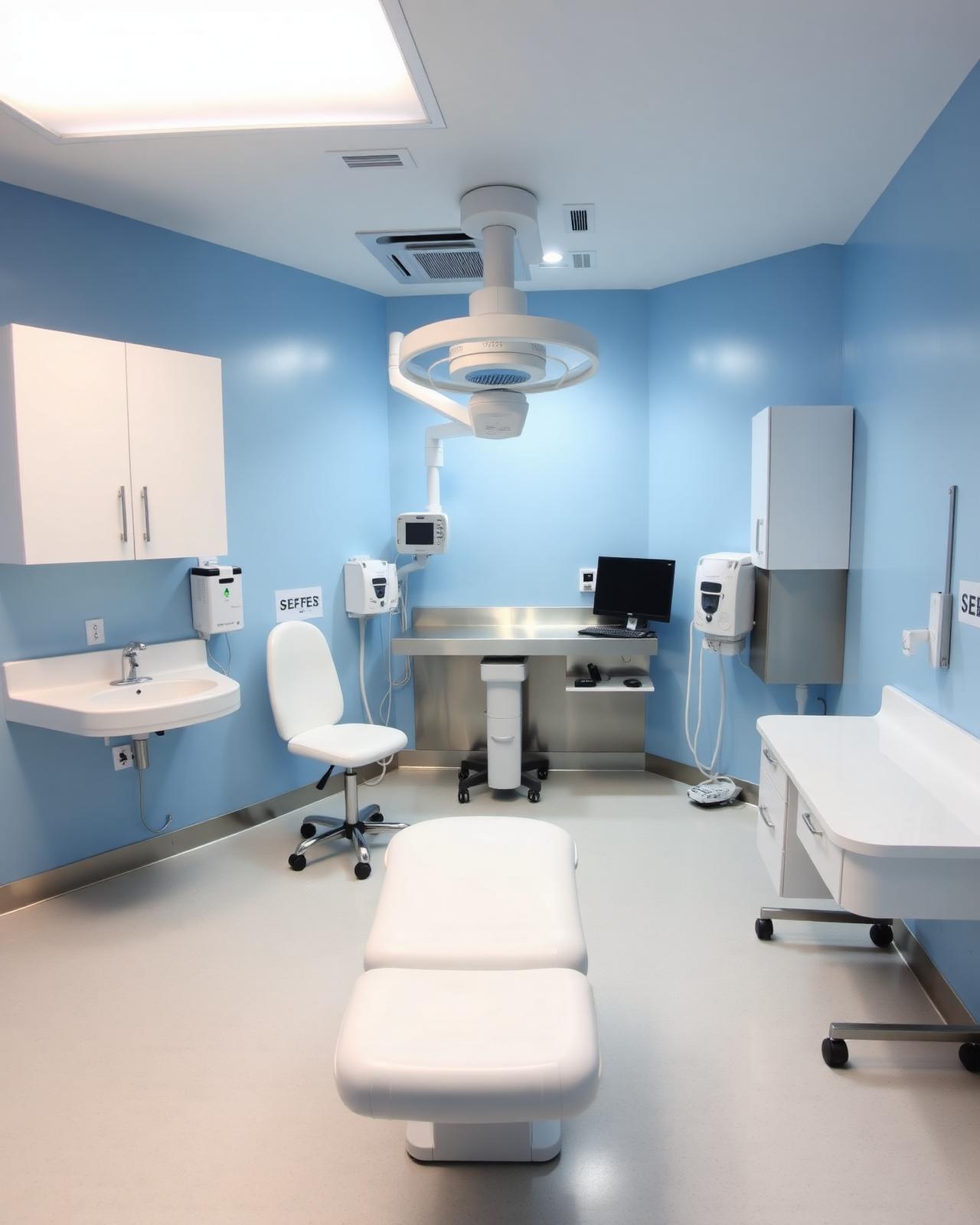 Disinfected medical exam room with stainless steel surfaces
